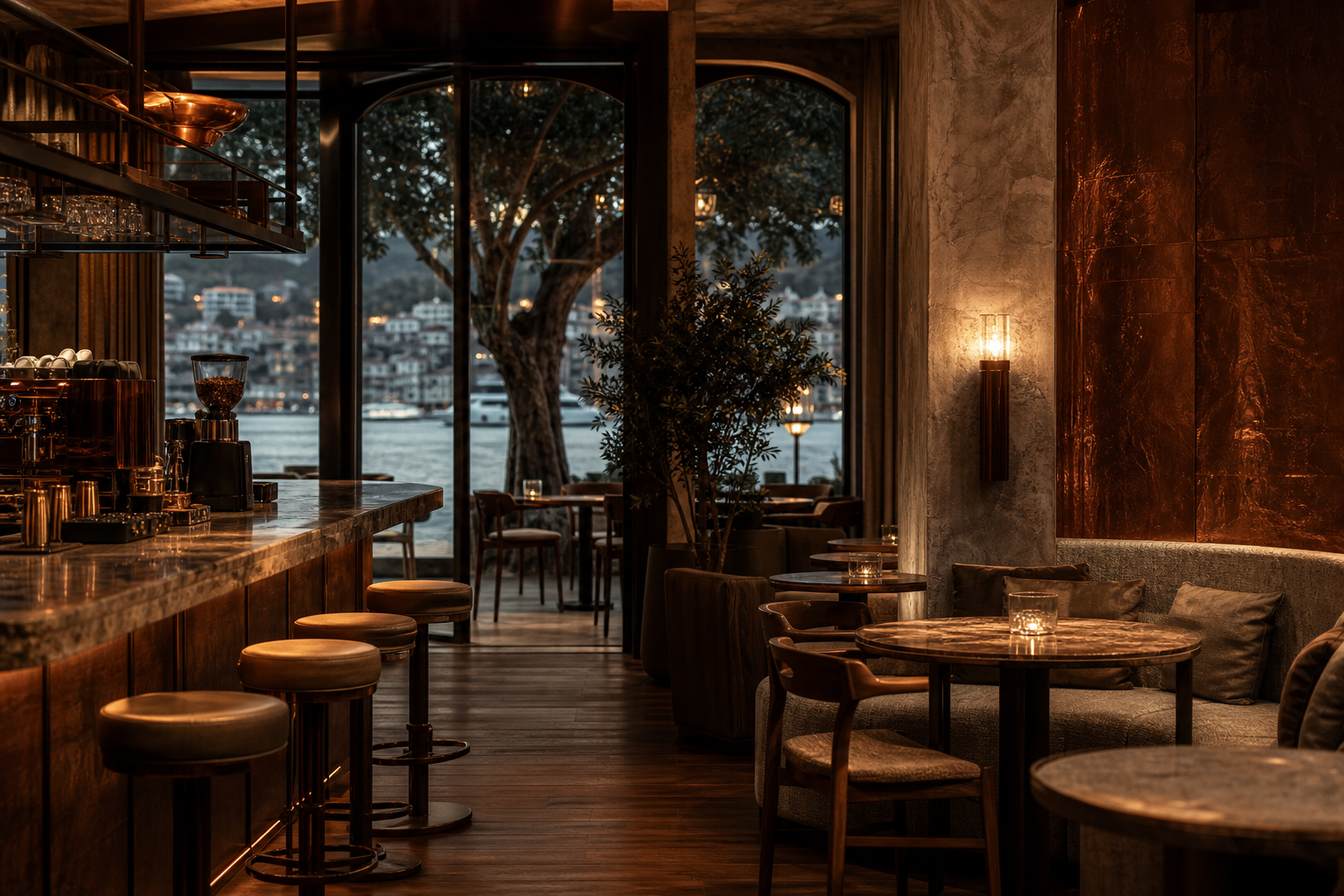 Karaköy esintili akşam ışıklı Misafir Kahve iç mekânı
